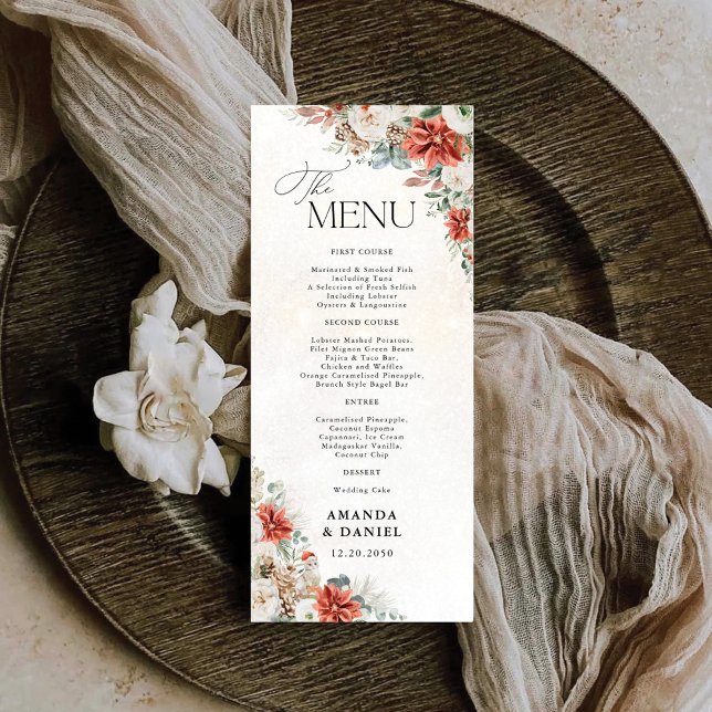 Winter Red Greenery Pinecone Wedding Menu (Creator Uploaded)