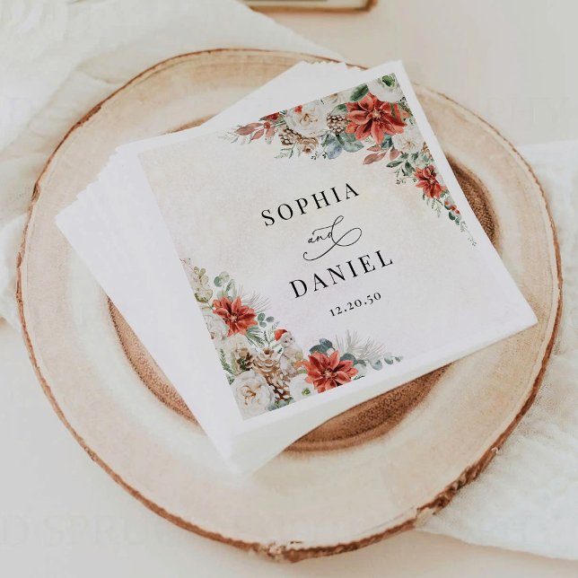 Winter Red Greenery Pinecone Wedding Paper Napkin (Creator Uploaded)