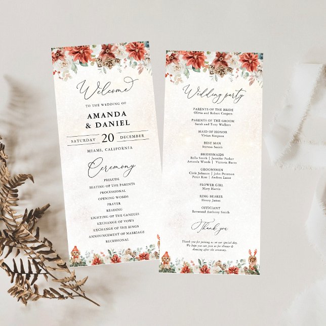 Winter Red Greenery Pinecone Wedding Program (Creator Uploaded)