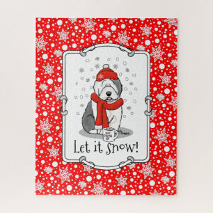 Winter (Red) Old English Sheepdog (Gray 1) Cute Jigsaw Puzzle