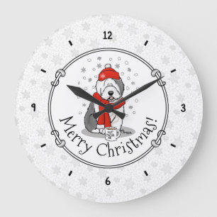 Winter (Red) Old English Sheepdog Gray 1 Holiday Large Clock