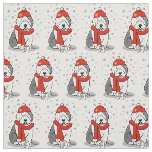 Winter (Red) Old English Sheepdog (Grey 1) Cute Fabric