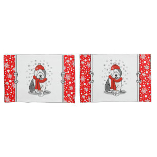 Winter (Red) Old English Sheepdog (Grey 1) Cute Pillowcase