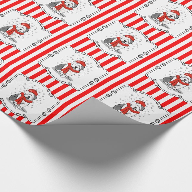 Winter (Red) Old English Sheepdog (Grey 1) Cute Wrapping Paper (Corner)