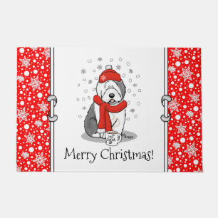Winter (Red) Old English Sheepdog  Grey 1 Holiday Doormat