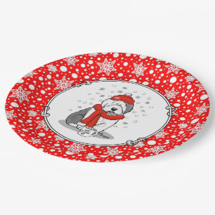 Winter (Red) Old English Sheepdog  Grey 1 Holiday Paper Plate
