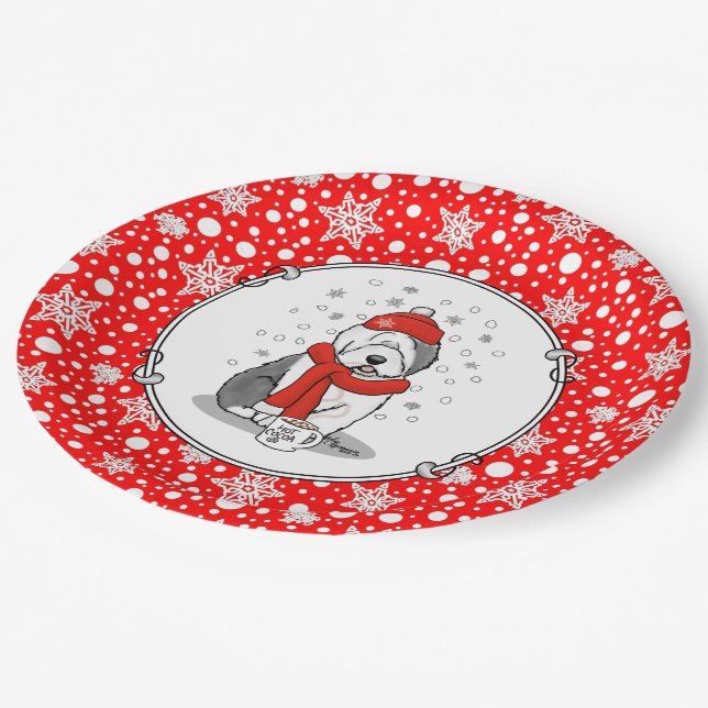 Winter (Red) Old English Sheepdog  Grey 1 Holiday Paper Plate (Angled)