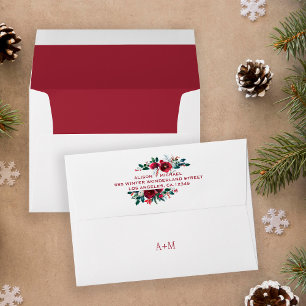 Winter red peonies elegant wedding monogram envelope