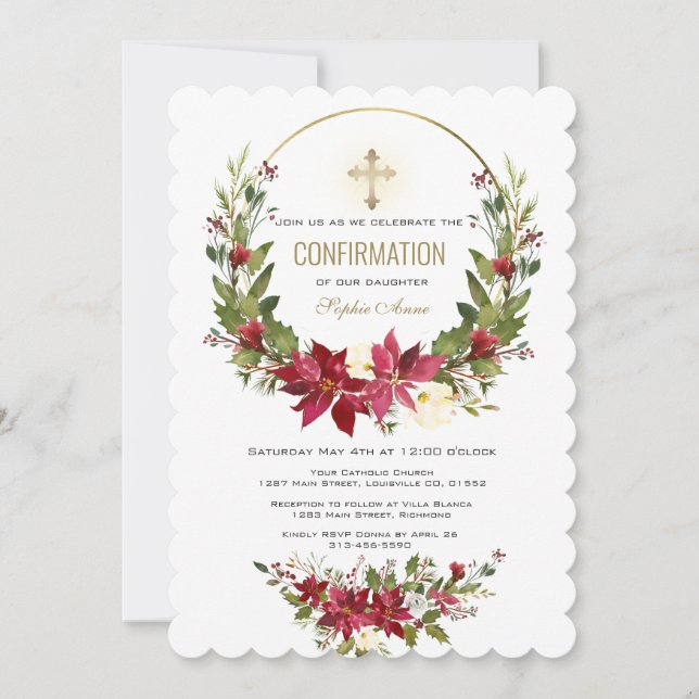 Winter Red Poinsettia Gold Cross Confirmation Invitation (Front)