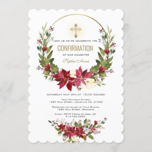 Winter Red Poinsettia Gold Cross Confirmation Invitation
