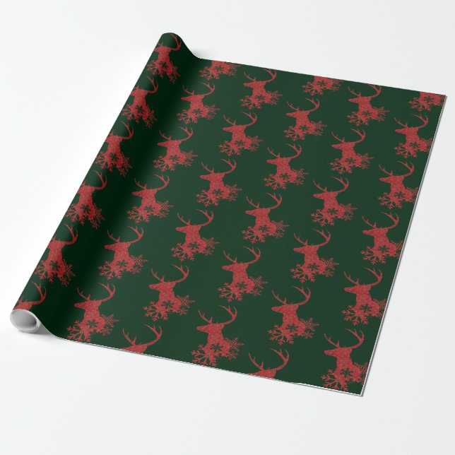 Winter Red Poinsettia Snowflakes Christmas Deer Wrapping Paper (Unrolled)