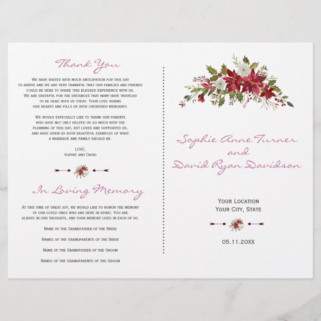 Winter Red Poinsettia Wedding Program (Front)