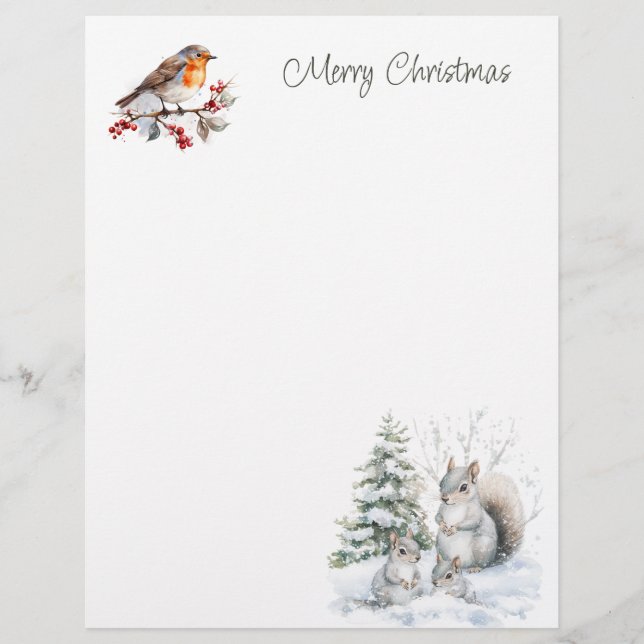 Winter Red Robin Squirrel Christmas  Letterhead (Front)