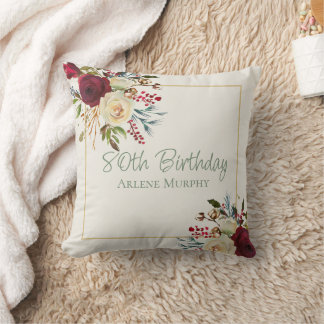 Winter Red Roses 80th Birthday Cushion