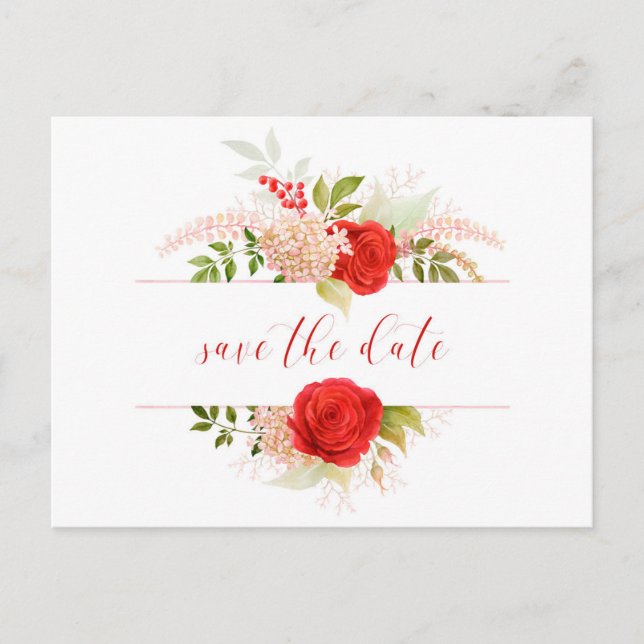 Winter Red Roses & Greenery Save The Date Postcard (Front)
