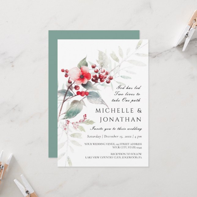 Winter Red Sage Green Floral Christian Wedding Invitation (Front/Back In Situ)