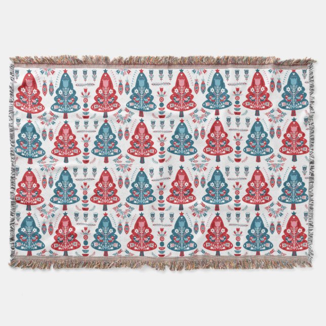 Winter Red Scandinavian Christmas Tree Folk Art Throw Blanket (Front)