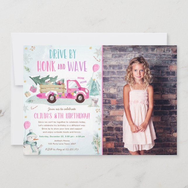 Winter Red Truck Drive By Through Girl Birthday Invitation (Front)