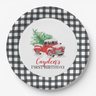 Winter Red Truck First Birthday Black Plaid Paper Plate