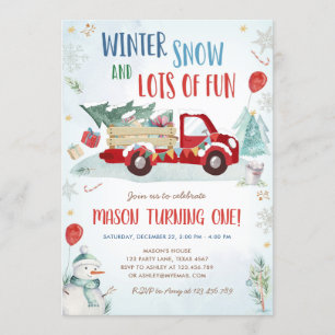 Winter Red Truck Snow Fun Boy First Birthday Invitation