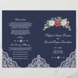 Winter Red White Flowers Lace Navy Wedding Program Flyer
