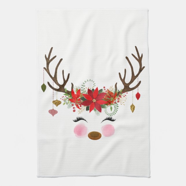 Winter Red White Gold Poinsettia Holiday Whimsical Tea Towel (Vertical)
