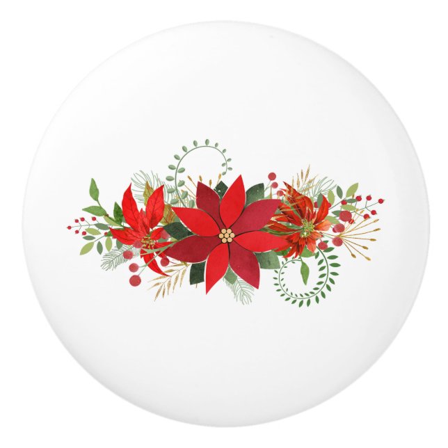 Winter Red White Poinsettia Holiday Floral Ceramic Knob (Front)