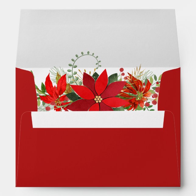 Winter Red White Poinsettia Holiday Floral Rustic Envelope (Back (Bottom))