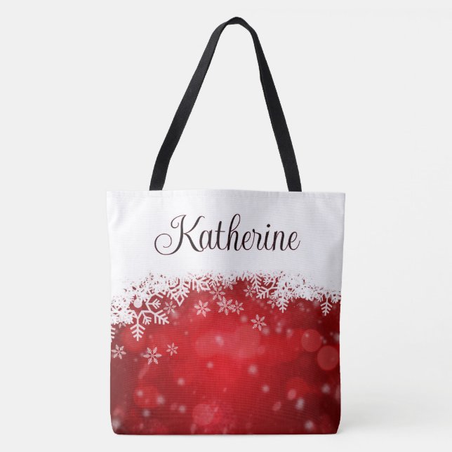 Winter Red & White Snowflake Tote Bag (Front)