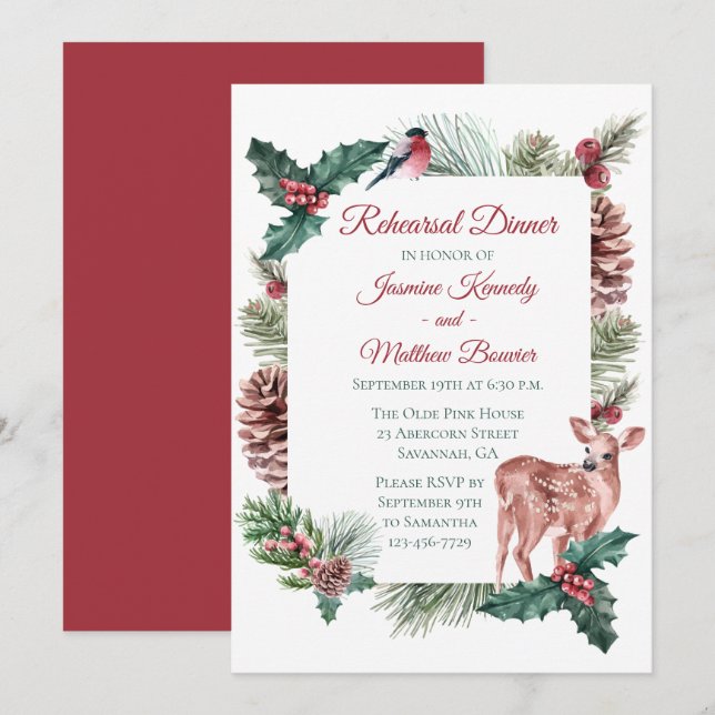 Winter Rehearsal Dinner Deer Red Christmas Floral Invitation (Front/Back)