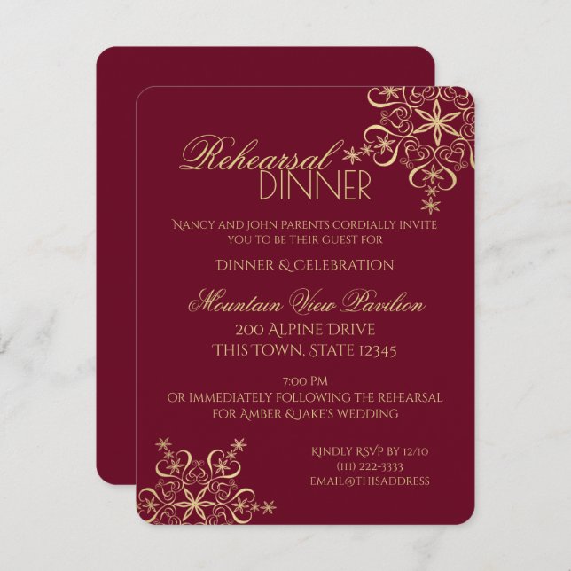 Winter Rehearsal Dinner Gold Snowflake Invitation (Front/Back)