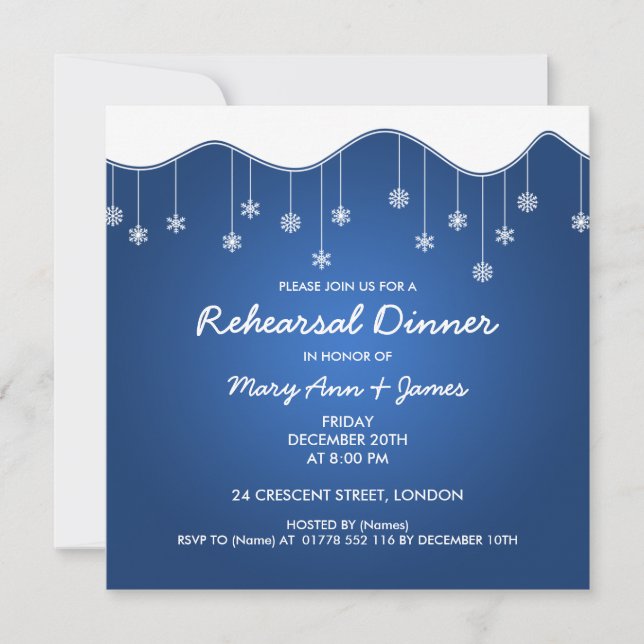 Winter Rehearsal Dinner Snowflake Decoration Blue Invitation (Front)