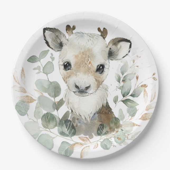 Winter Reindeer Eucalyptus Gold Baby Shower Party Paper Plate (Front)