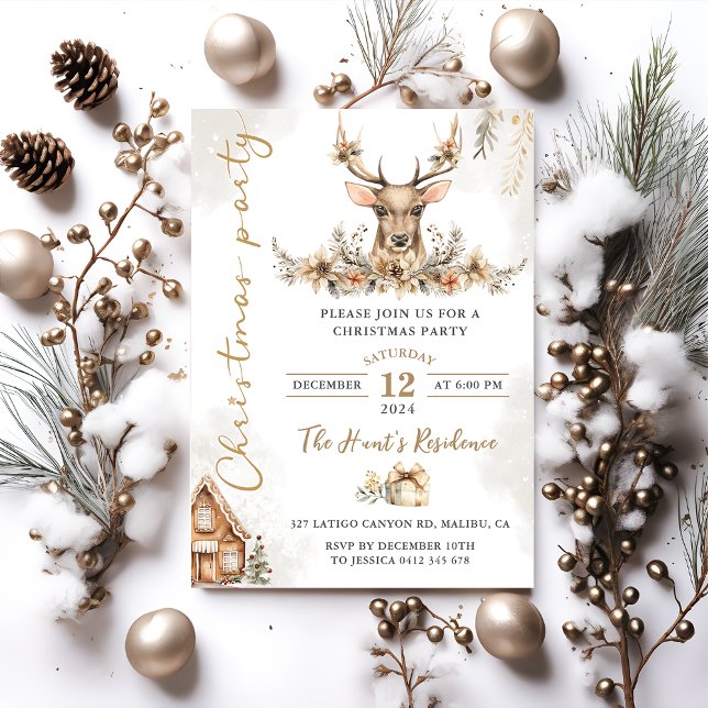 Winter Reindeer Floral Christmas Party Invitation (Creator Uploaded)