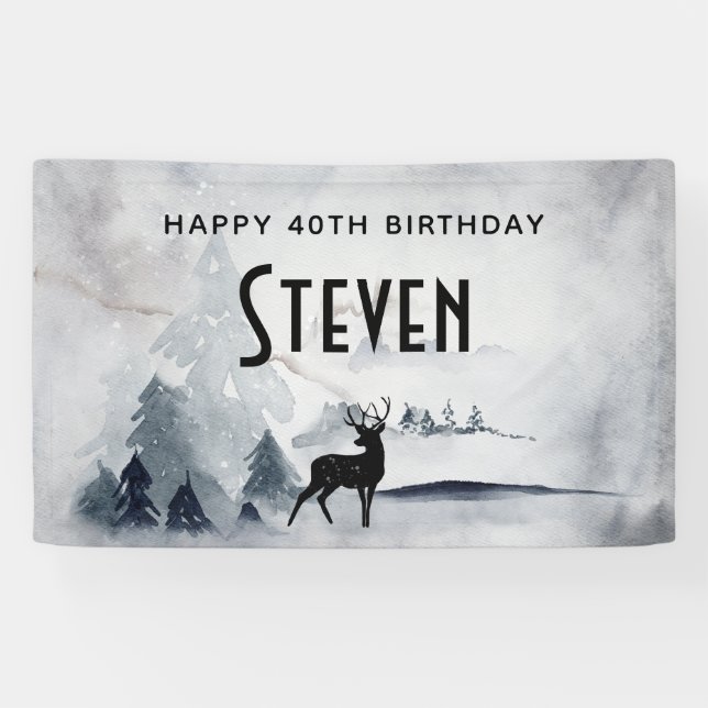 Winter Reindeer Rustic Grey Watercolor Birthday Banner (Horizontal)
