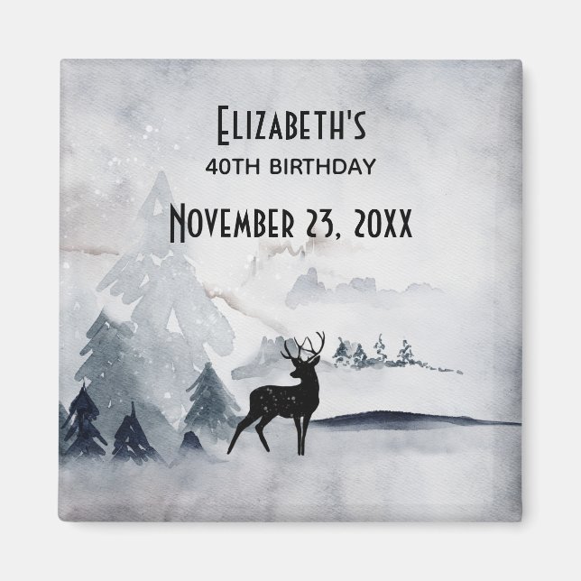 Winter Reindeer Rustic Grey Watercolor Birthday Magnet (Front)