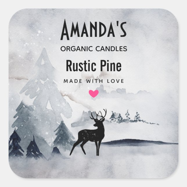 Winter Reindeer Rustic Grey Watercolor Candle Soap Square Sticker (Front)