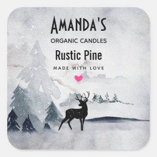 Winter Reindeer Rustic Grey Watercolor Candle Soap Square Sticker