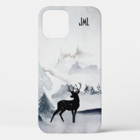 Winter Reindeer Rustic Grey Watercolor
