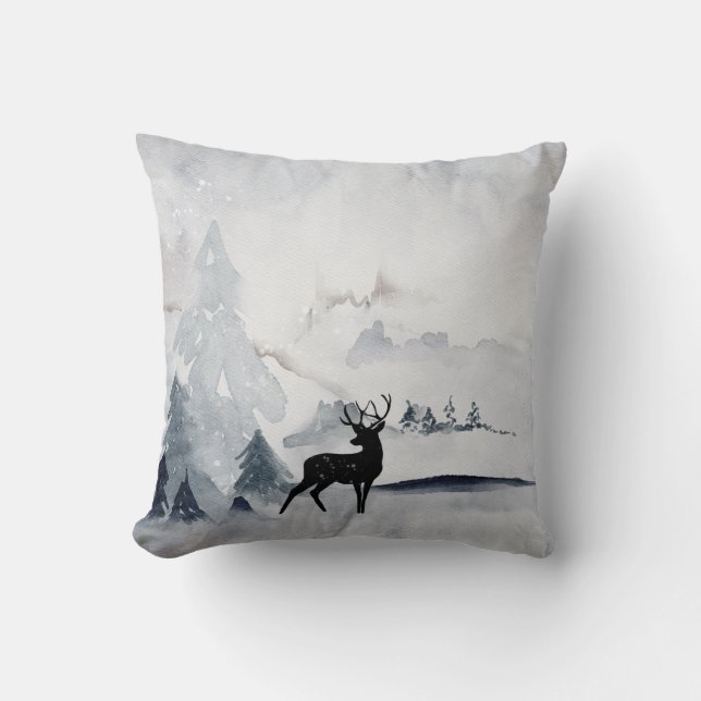 Winter Reindeer Rustic Grey Watercolor Cushion (Front)