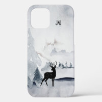 Winter Reindeer Rustic Grey Watercolor