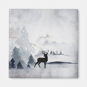 Winter Reindeer Rustic Grey Watercolor Magnet