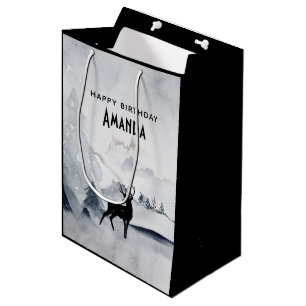 Winter Reindeer Rustic Grey Watercolor Medium Gift Bag