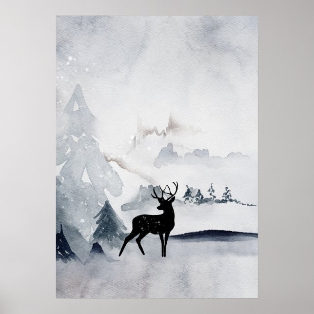 Winter Reindeer Rustic Grey Watercolor Poster (Front)