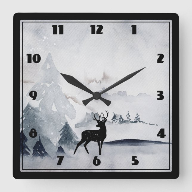 Winter Reindeer Rustic Grey Watercolor Square Wall Clock (Front)