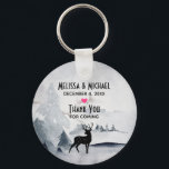 Winter Reindeer Rustic Grey Watercolor Wedding Key Ring<br><div class="desc">Wedding favour key chain with a watercolor image featuring a black silhouette reindeer standing among some pine trees. Grey black and white neutral colour scheme.</div>