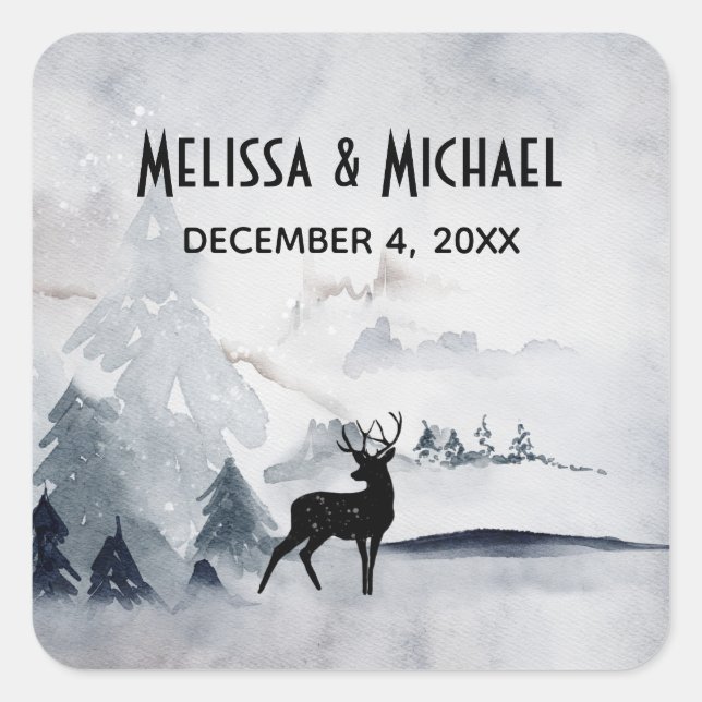 Winter Reindeer Rustic Grey Watercolor Wedding Square Sticker (Front)