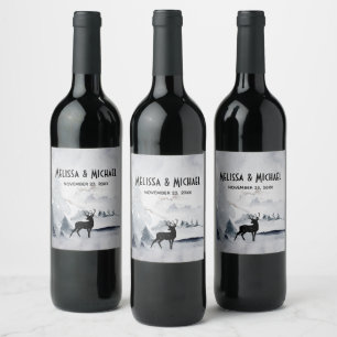 Winter Reindeer Rustic Grey Watercolor Wedding Wine Label