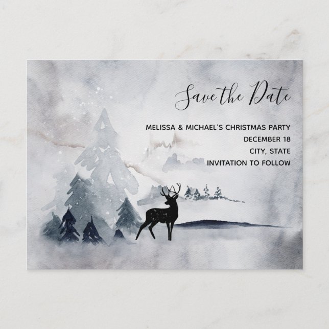 Winter Reindeer Rustic Watercolor Save the Date Invitation Postcard (Front)