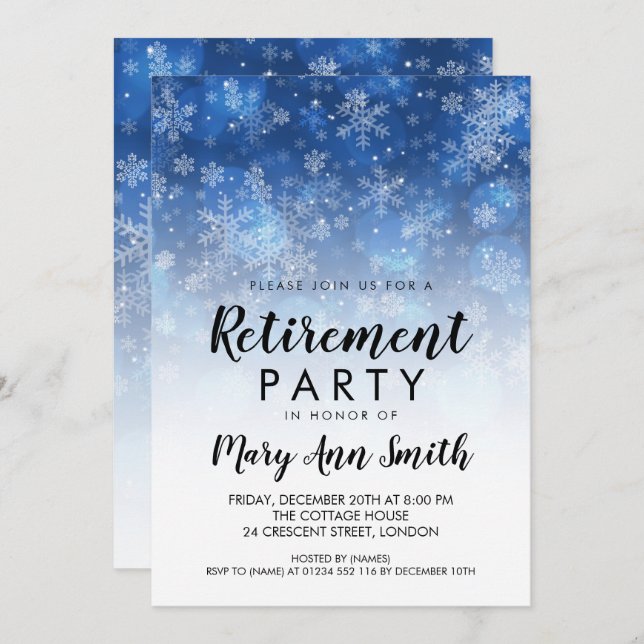 Winter Retirement Party Holiday Sparkle Blue Invitation (Front/Back)